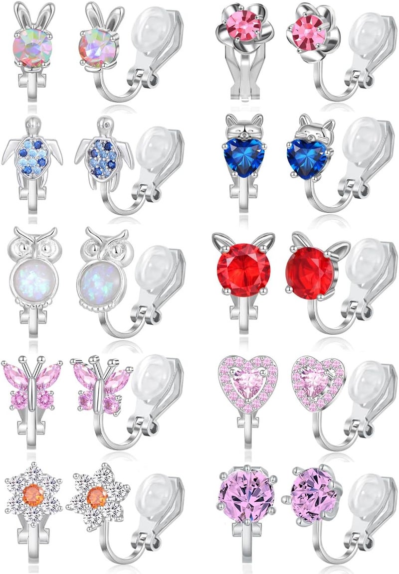 Tornito 10-15 Pairs Clip on Stud Earrings Non Pierced Teardrop Round Square CZ Pearl Twist Knot Flower Butterfly Heart Star Rainbow Cat Opal Clip on Earrings for Women - Image 1